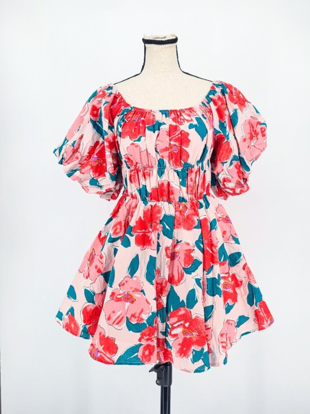 &merci Pink Coral Floral Bubble Sleeve Mini Dress Smocked Babydoll Sz Small EUC